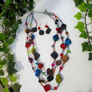 Natural Stone Bead Multi Strand Necklace Earrings Set